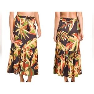 HOUSE OF HARLOW Linen Blend Tiered Maxi Skirt Brown Tropical Leaf Bohemian Large